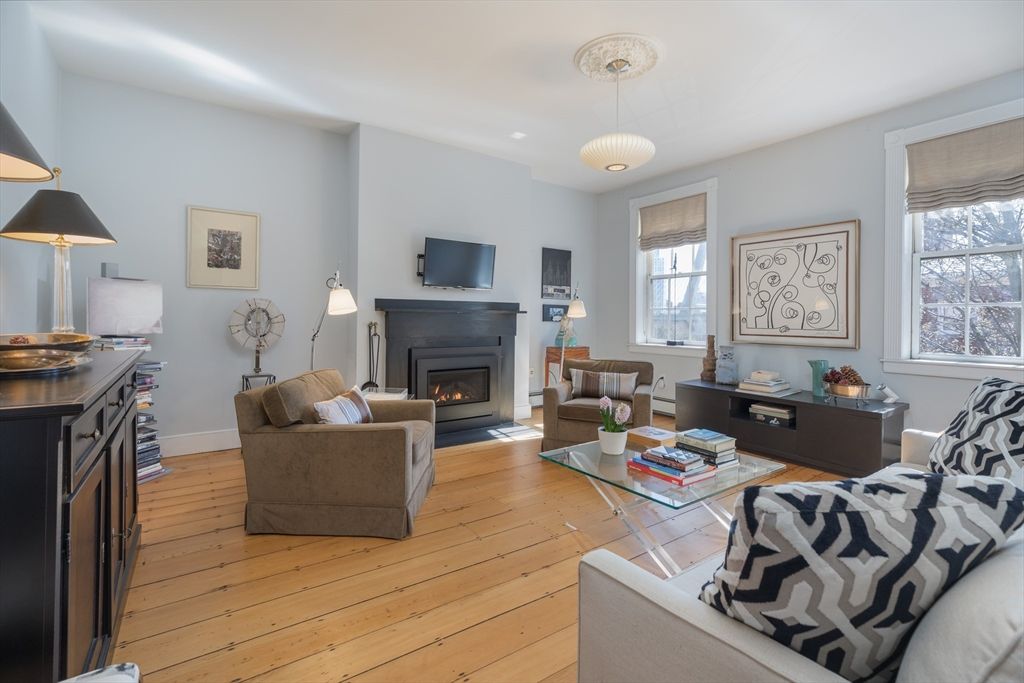 Fireplace, Interior, Living room, Pendant Lights, Wood Texture Flooring