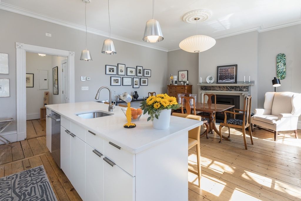 Dining room, Fireplace, Interior, Kitchen, Pendant Lights, Wood Texture Flooring