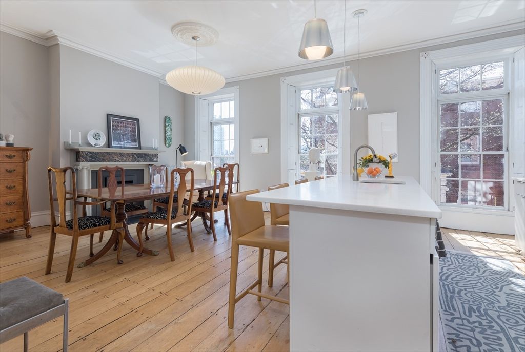 Dining room, Fireplace, Interior, Pendant Lights, Wood Texture Flooring