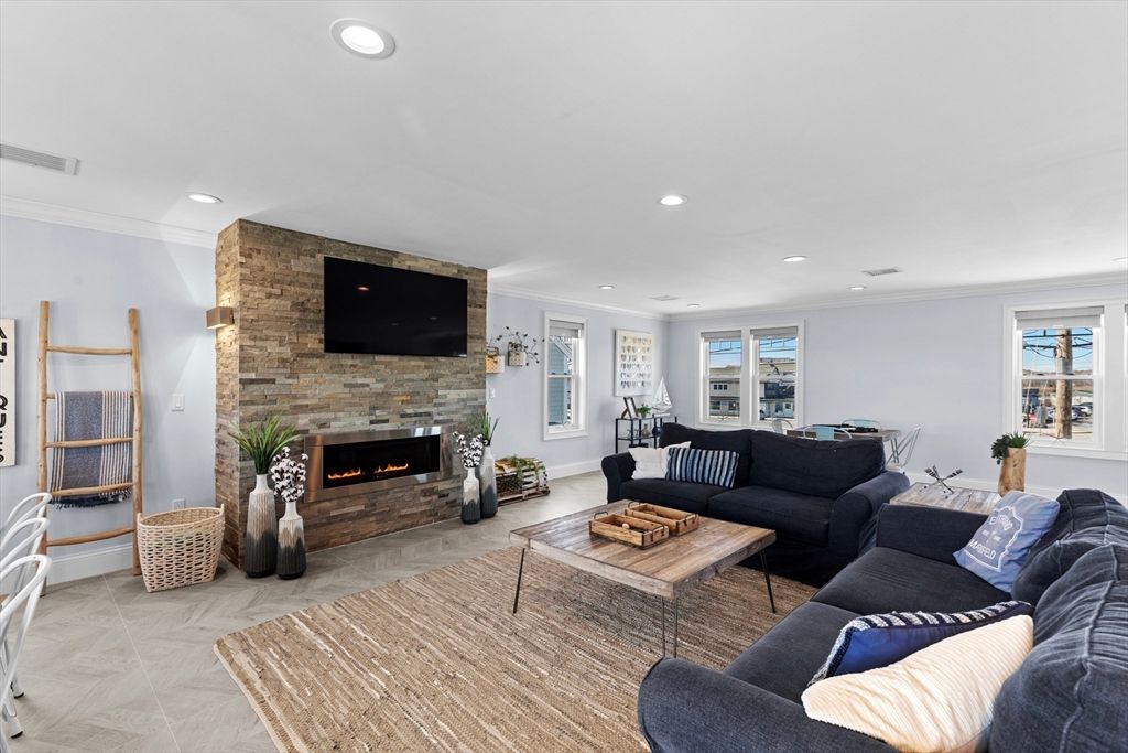 Fireplace, Interior, Living room, Recessed Lighting, Stone Walls