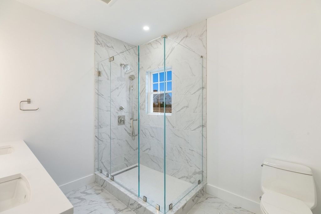 Bathroom, Glass Shower, Interior, Marble, Marble Walls, Recessed Lighting