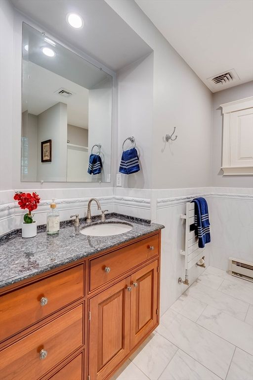 Bathroom, Dual Sink Vanities, Interior, Marble, Recessed Lighting