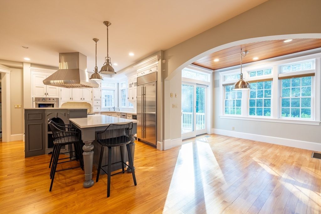 Interior, Kitchen, Pendant Lights, Recessed Lighting, Stainless Steel Appliances, Wooden Ceilings, Wood Texture Flooring