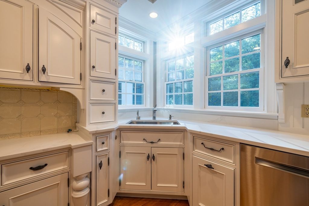 Interior, Kitchen, Recessed Lighting, Tile Countertops, Wood Texture Flooring