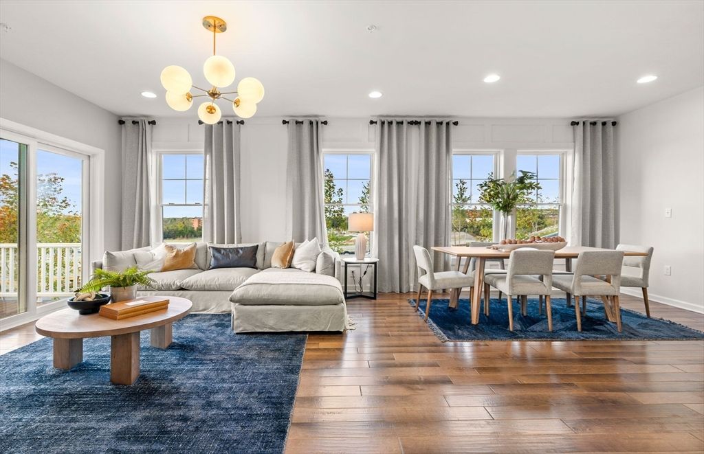 Dining room, Interior, Living room, Pendant Lights, Recessed Lighting, Wood Texture Flooring