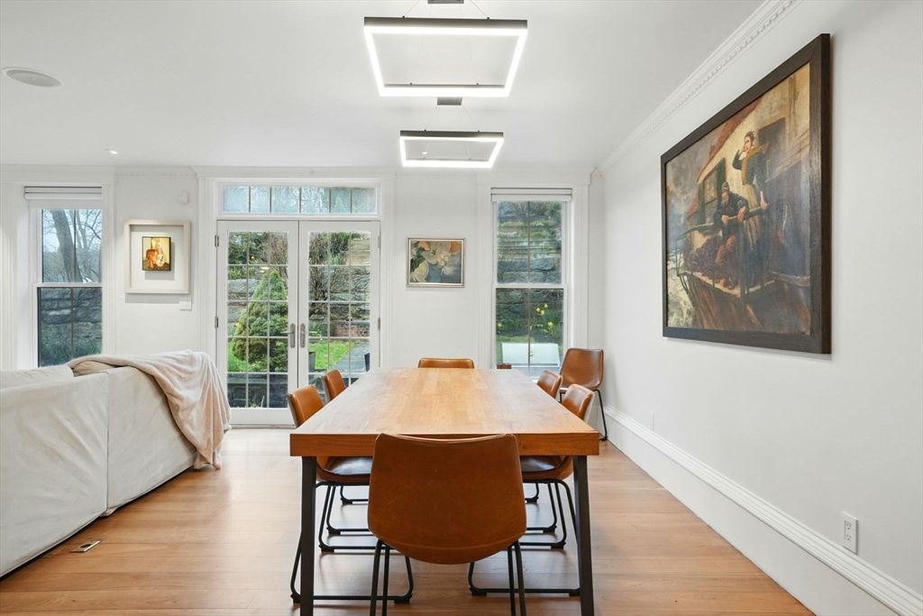 Dining room, Interior, Recessed Lighting, Wood Texture Flooring