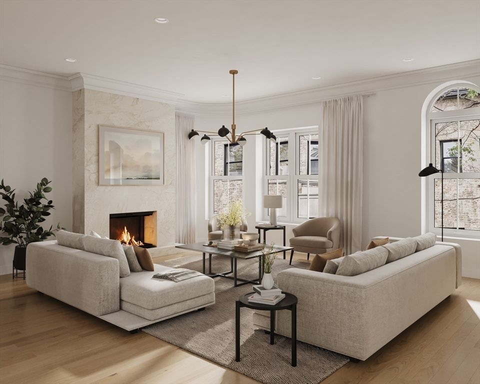 Fireplace, Interior, Living room, Pendant Lights, Recessed Lighting, Wood Texture Flooring