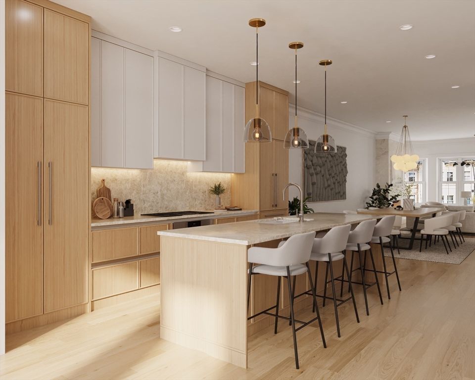 Dining room, Interior, Kitchen, Pendant Lights, Recessed Lighting, Stainless Steel Appliances, Wood Texture Flooring