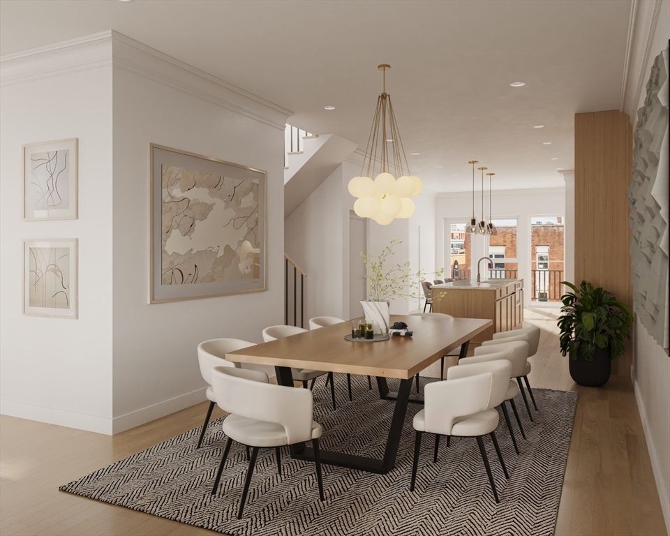 Dining room, Interior, Pendant Lights, Recessed Lighting, Wood Texture Flooring