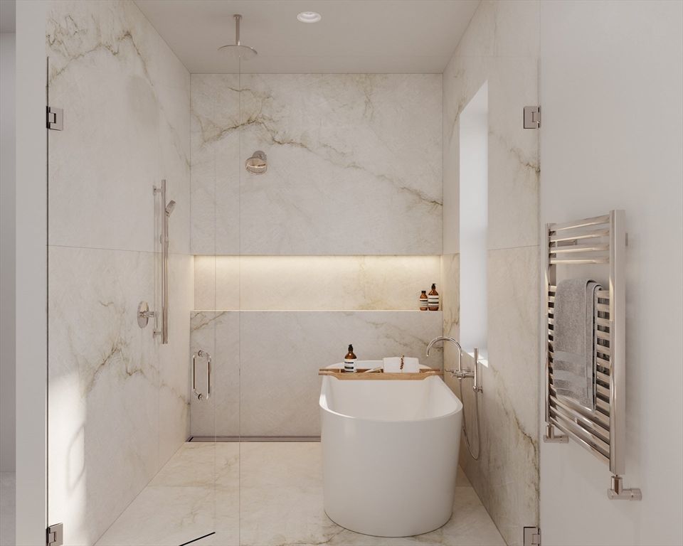 Bathroom, Free Standing Baths, Glass Shower, Interior, Marble Walls, Recessed Lighting