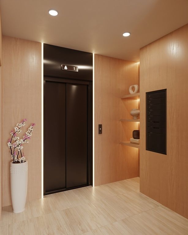 Elevator, Interior, Recessed Lighting, Wooden Walls