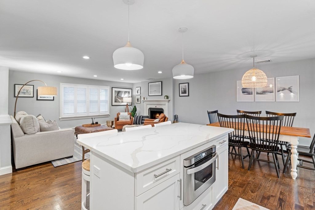 Dining room, Fireplace, Interior, Kitchen, Living room, Pendant Lights, Recessed Lighting, Wood Texture Flooring