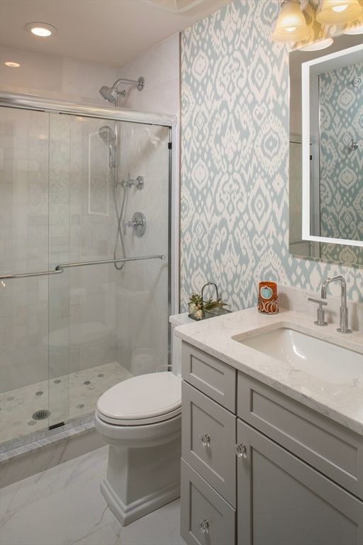 Bathroom, Glass Shower, Interior, Marble, Recessed Lighting