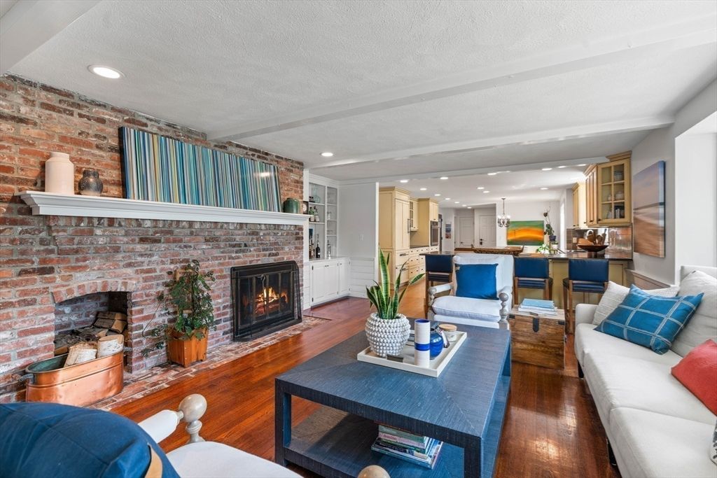 Fireplace, Interior, Kitchen, Living room, Recessed Lighting, Stone Walls, Wood Texture Flooring