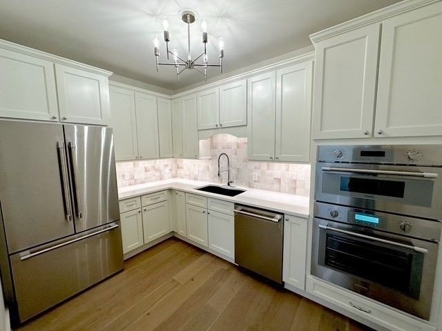 Chandelier, Interior, Kitchen, Pendant Lights, Stainless Steel Appliances, Wood Texture Flooring