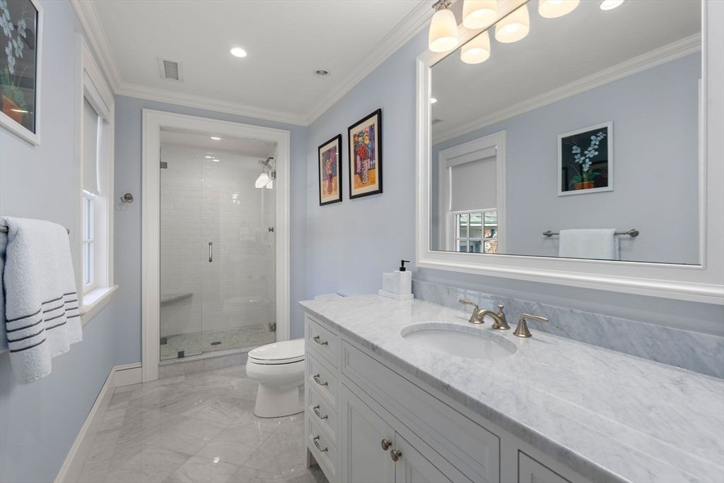 Bathroom, Glass Shower, Interior, Marble, Recessed Lighting