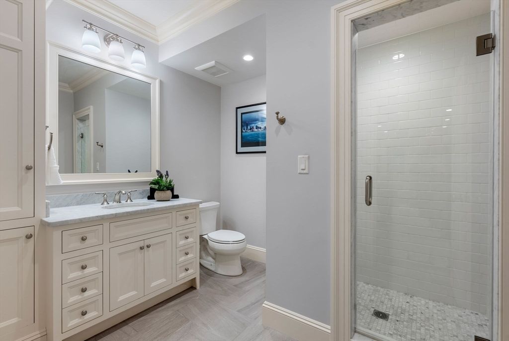 Bathroom, Glass Shower, Interior, Recessed Lighting, Wood Texture Flooring