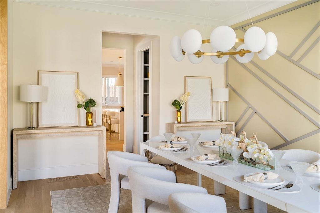 Dining room, Interior, Pendant Lights, Wood Texture Flooring