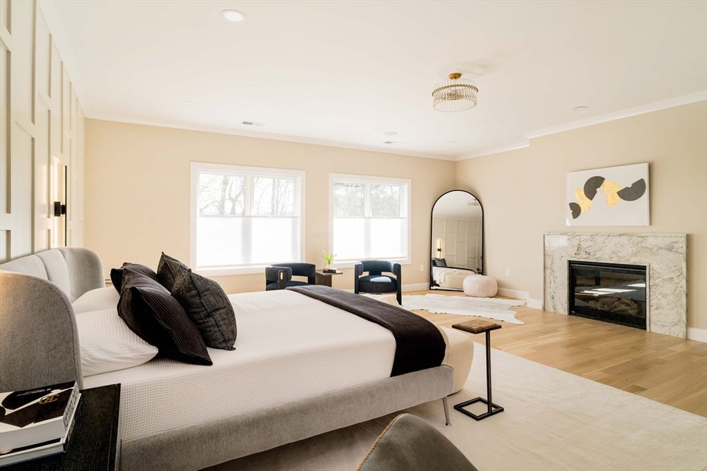 Bedroom, Fireplace, Interior, Recessed Lighting, Wood Texture Flooring