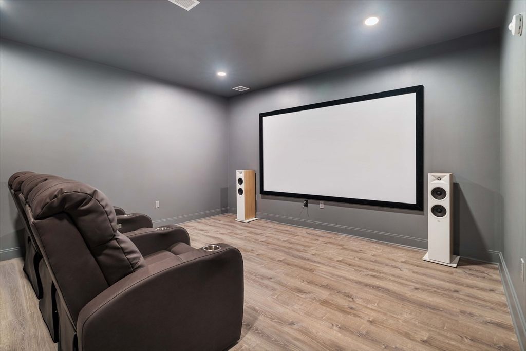 Interior, Projection Screen, Recessed Lighting, Theatre Room, Wood Texture Flooring