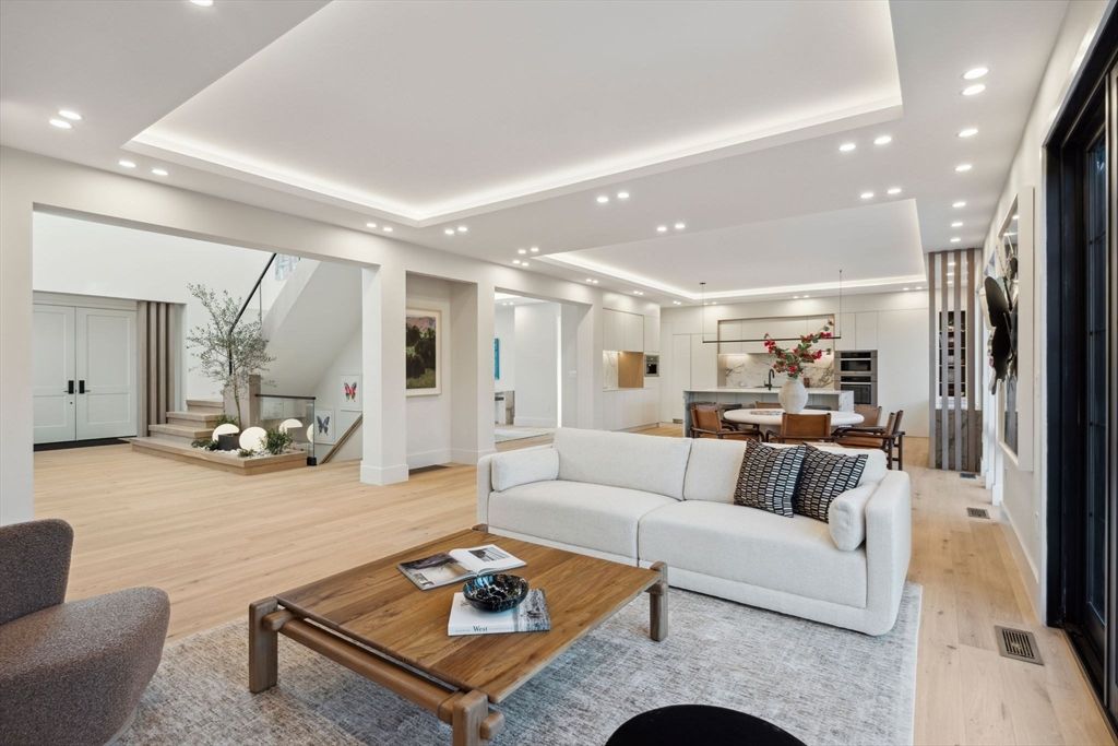 Dining room, Interior, Living room, Pendant Lights, Recessed Lighting, Wood Texture Flooring