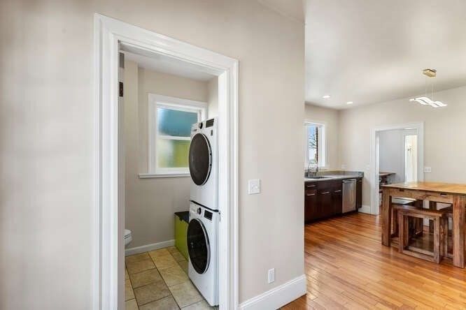 Dining room, Interior, Pendant Lights, Recessed Lighting, Utility Closets, Washer, Wood Texture Flooring