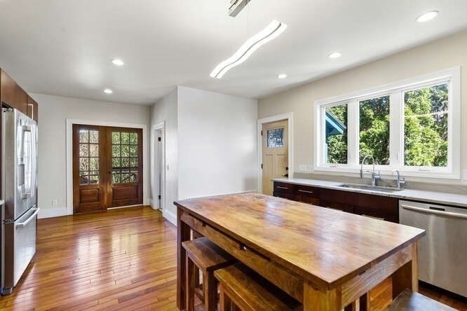 Interior, Kitchen, Recessed Lighting, Stainless Steel Appliances, Wood Texture Flooring