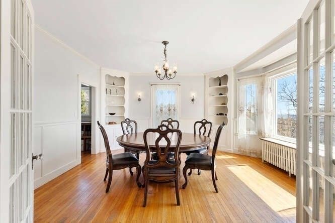 Chandelier, Dining room, Interior, Wood Texture Flooring