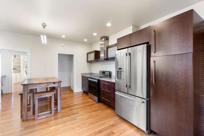 Interior, Kitchen, Pendant Lights, Recessed Lighting, Stainless Steel Appliances, Wood Texture Flooring