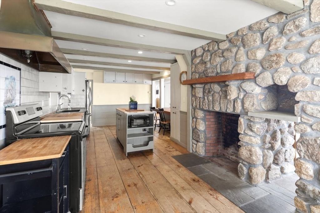 Fireplace, Interior, Kitchen, Recessed Lighting, Stone Walls, Wooden Beams, Wood Texture Flooring