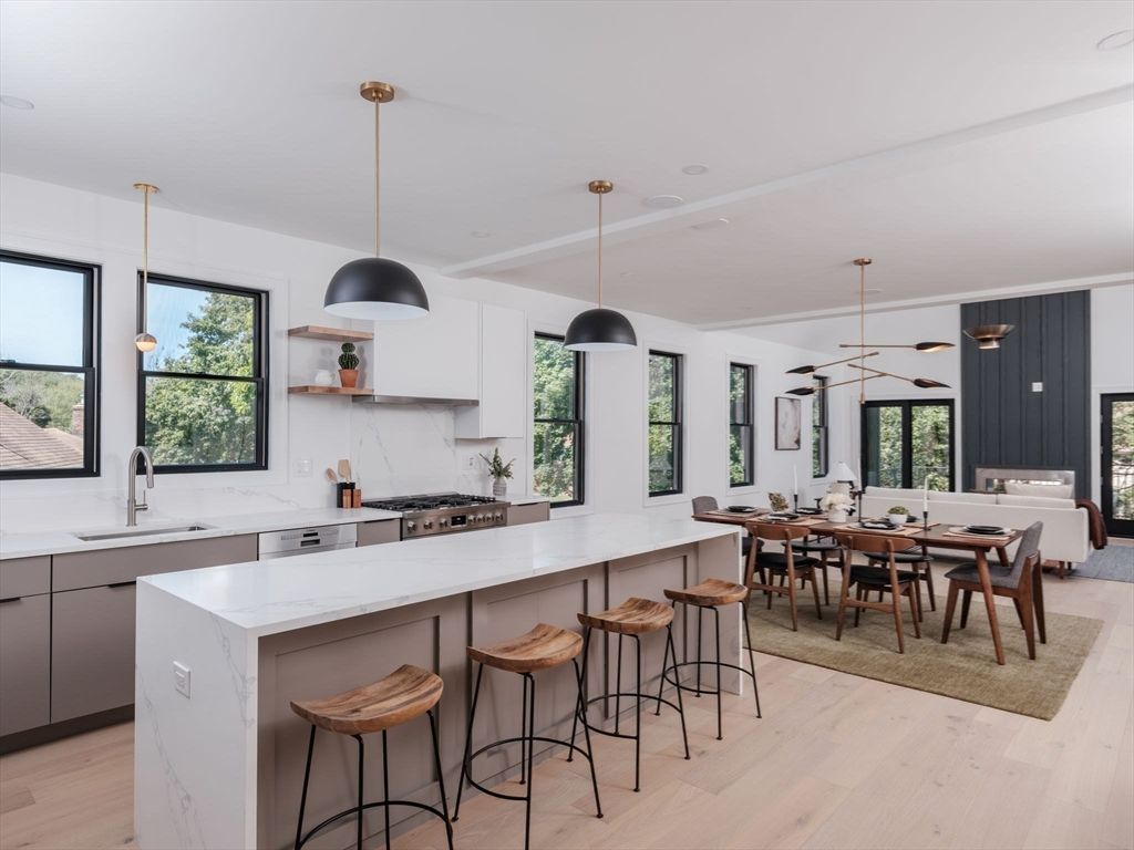 Dining room, Interior, Kitchen, Marble Walls, Pendant Lights, Wood Texture Flooring