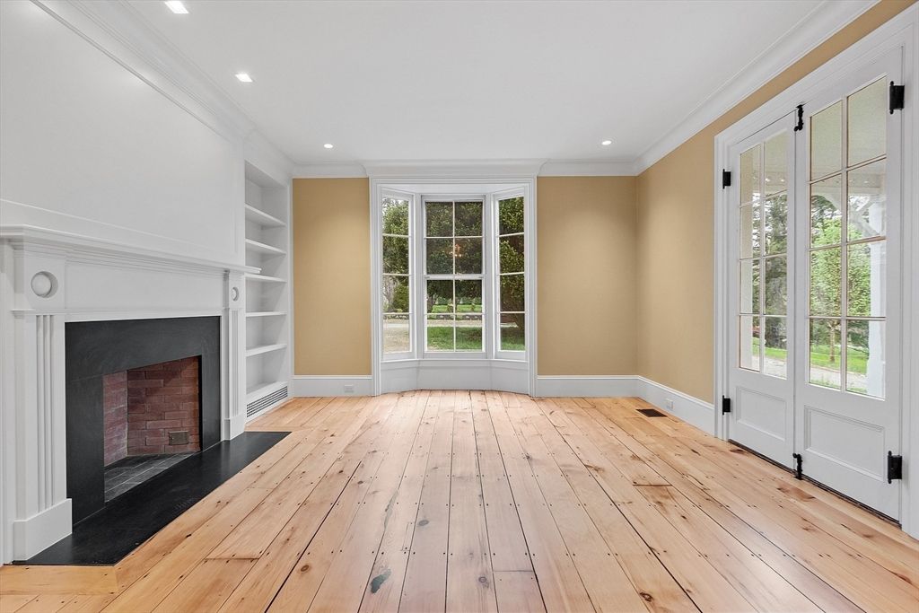 Empty room, Fireplace, Interior, Recessed Lighting, Wood Texture Flooring