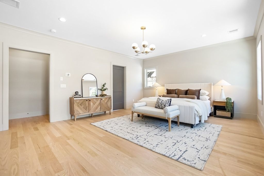 Bedroom, Interior, Pendant Lights, Recessed Lighting, Wood Texture Flooring