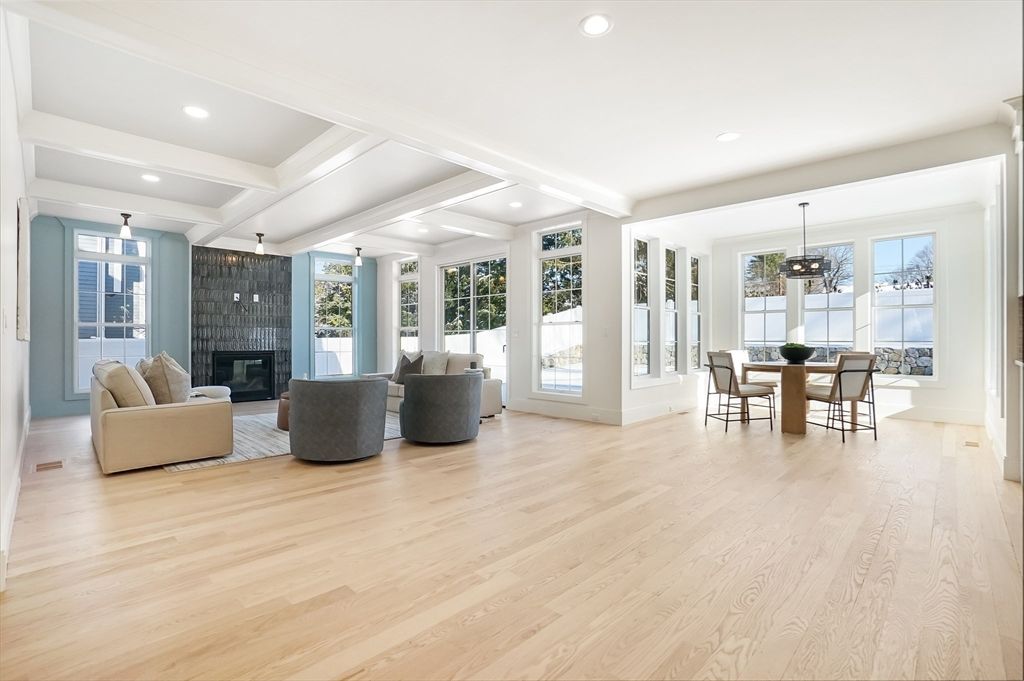 Dining room, Fireplace, Interior, Living room, Pendant Lights, Recessed Lighting, Wood Texture Flooring