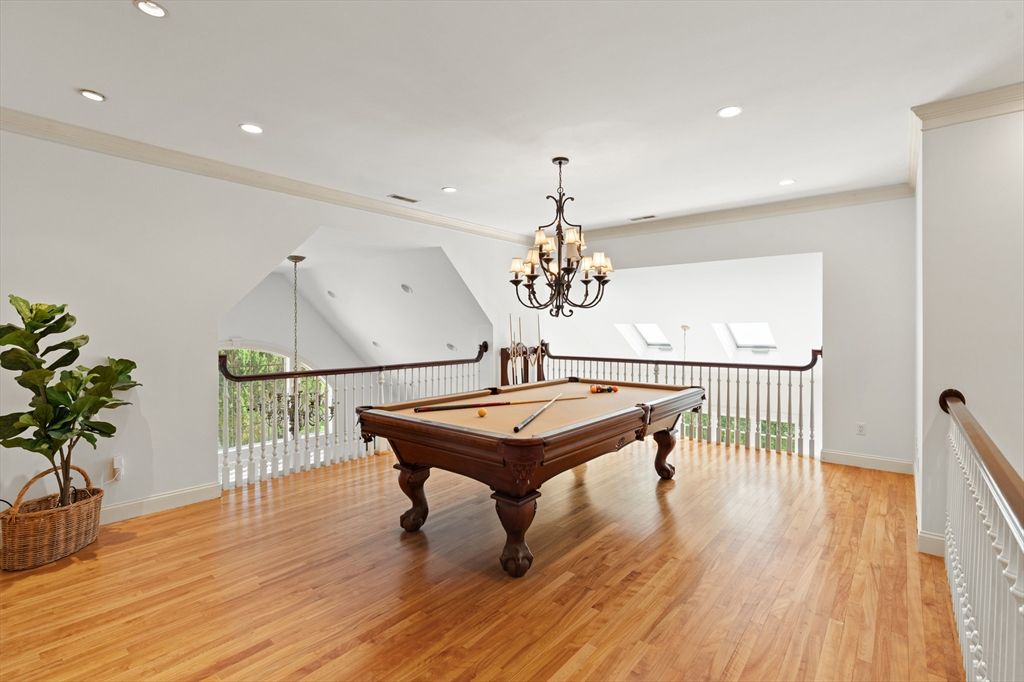 Billiard Table, Chandelier, Game Room, Interior, Recessed Lighting, Wood Texture Flooring