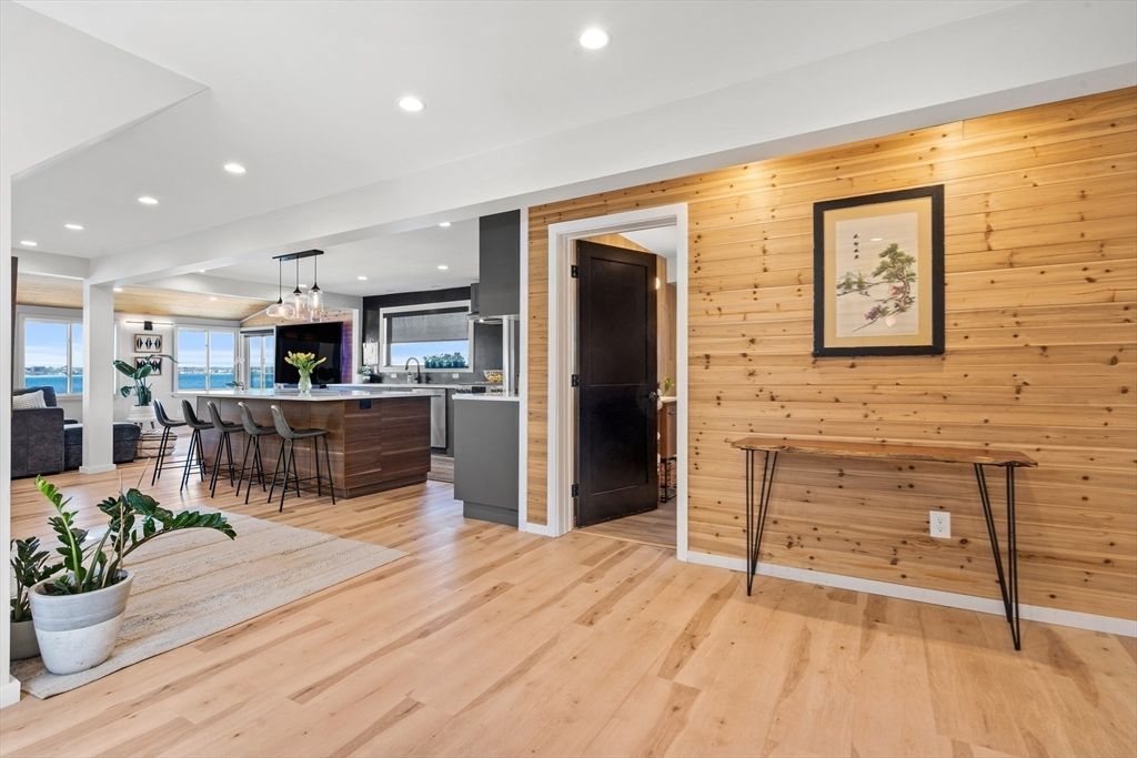 Interior, Kitchen, Pendant Lights, Recessed Lighting, Wood Texture Flooring, Wooden Walls