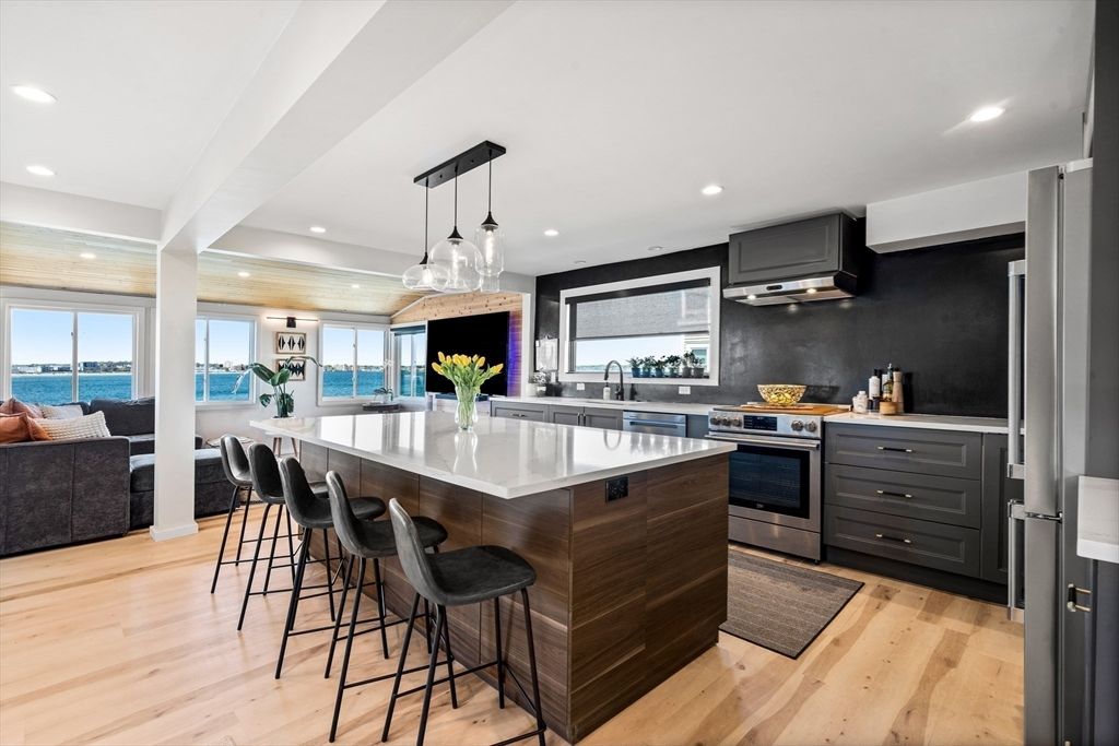 Interior, Kitchen, Pendant Lights, Recessed Lighting, Stainless Steel Appliances, Water, Wood Texture Flooring
