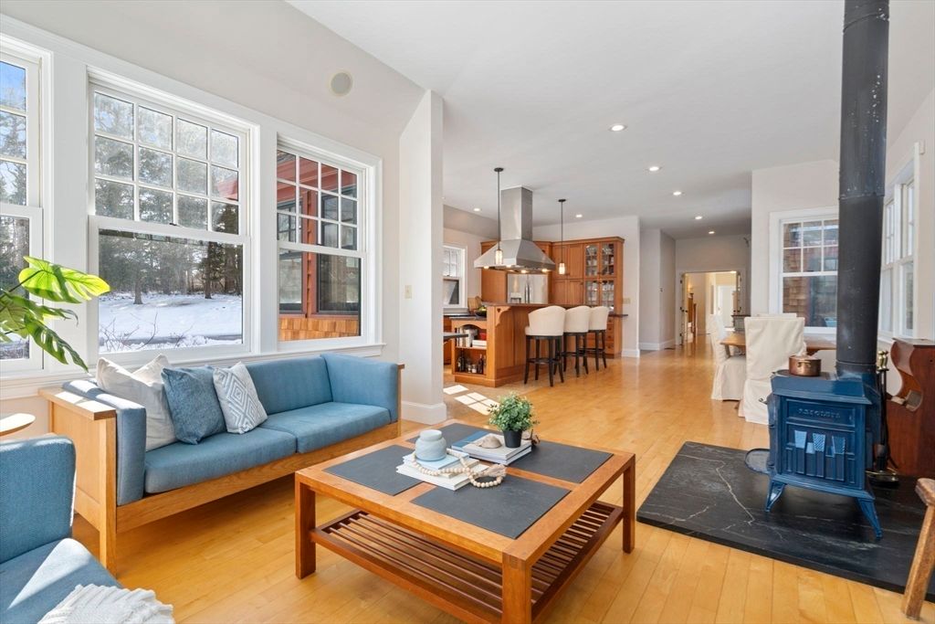 Dining room, Fireplace, Interior, Kitchen, Living room, Pendant Lights, Recessed Lighting, Wood Texture Flooring