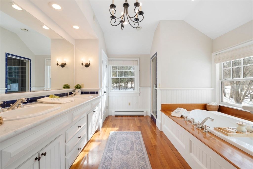 Bathroom, Dual Sink Vanities, Interior, Recessed Lighting, Wood Texture Flooring