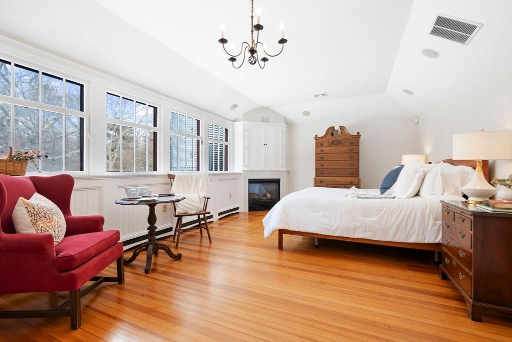 Bedroom, Chandelier, Fireplace, Interior, Wood Texture Flooring