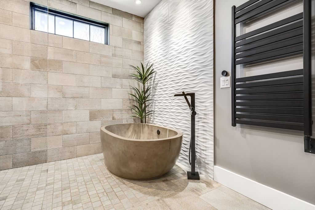 Bathroom, Free Standing Baths, Interior, Recessed Lighting, Stone Walls
