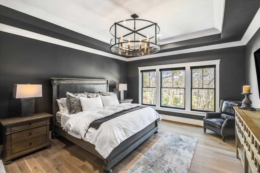 Bedroom, Chandelier, Interior, Pendant Lights, Wood Texture Flooring