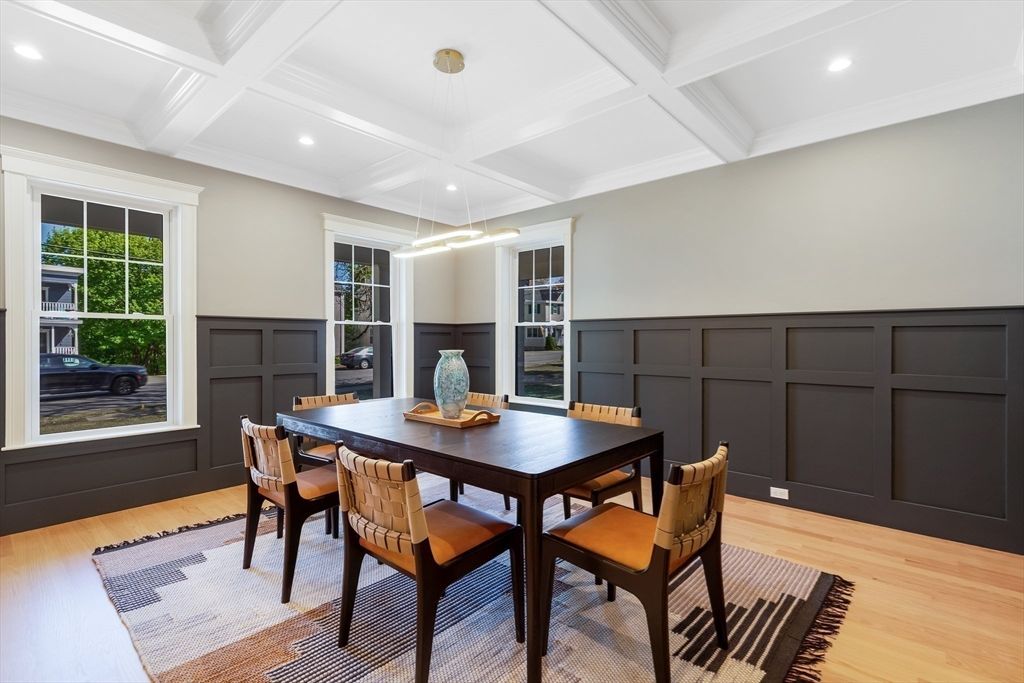 Dining room, Interior, Pendant Lights, Recessed Lighting, Wood Texture Flooring