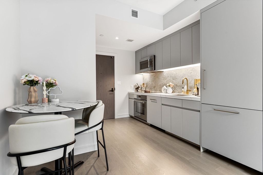 Interior, Kitchen, Recessed Lighting, Stainless Steel Appliances, Wood Texture Flooring