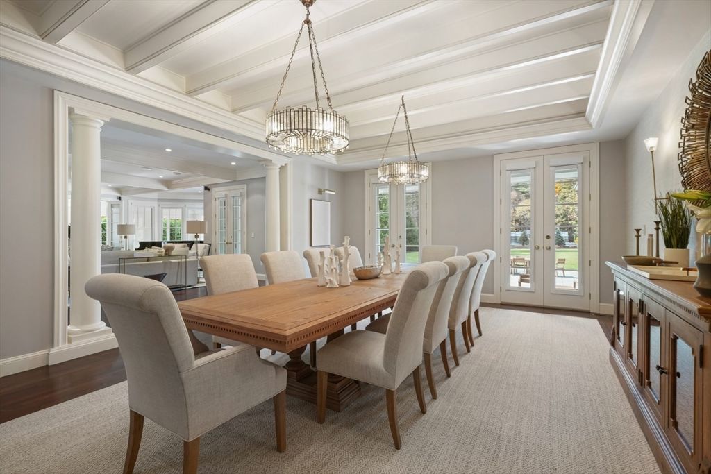 Chandelier, Dining room, Interior, Pendant Lights, Recessed Lighting, Wood Texture Flooring