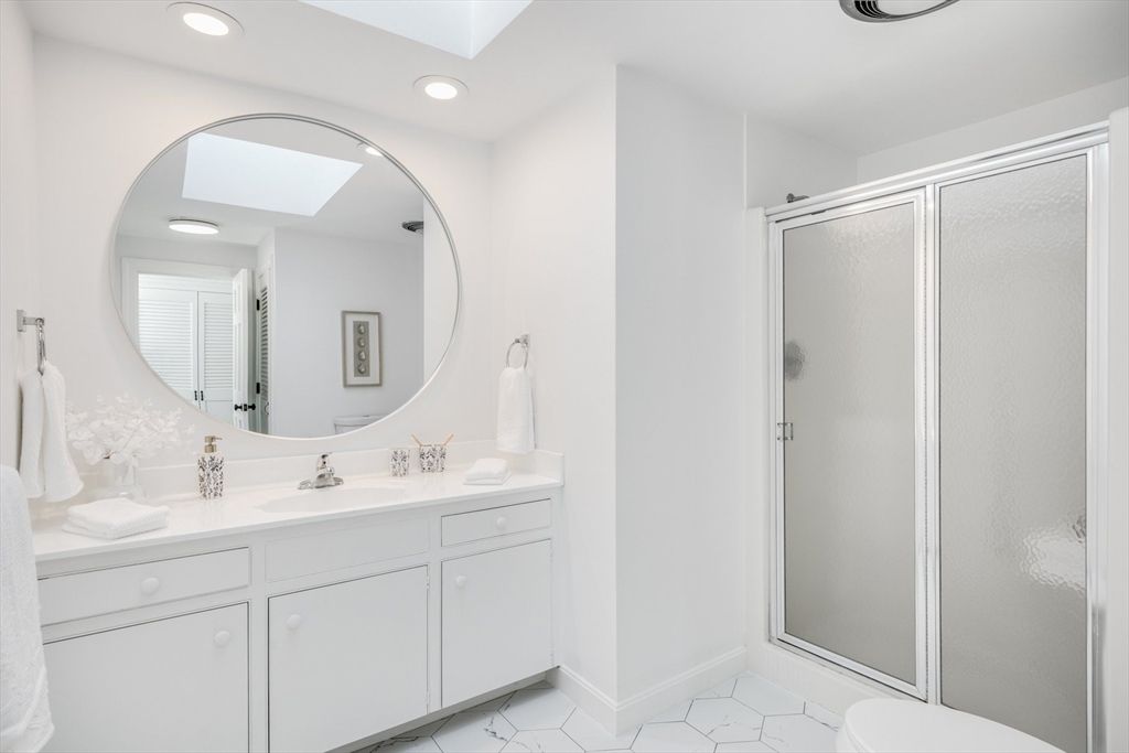 Bathroom, Dual Sink Vanities, Glass Shower, Interior, Marble, Recessed Lighting