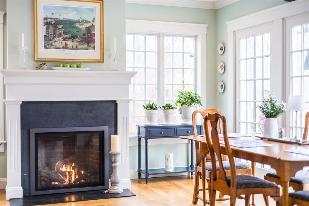 Dining room, Fireplace, Interior, Wood Texture Flooring