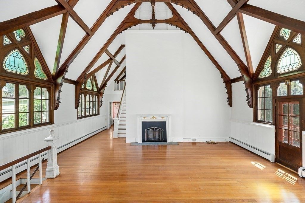 Empty room, Fireplace, Interior, Wooden Beams, Wood Texture Flooring