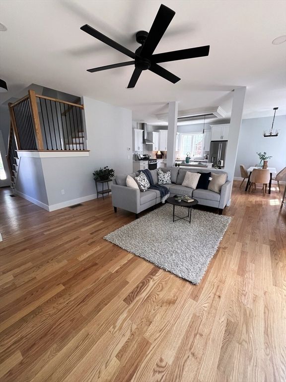Dining room, Interior, Kitchen, Living room, Pendant Lights, Stainless Steel Appliances, Wood Texture Flooring