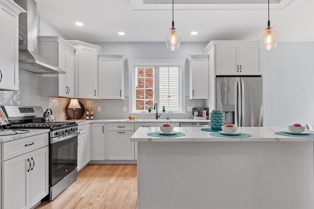 Interior, Kitchen, Pendant Lights, Recessed Lighting, Stainless Steel Appliances, Wood Texture Flooring